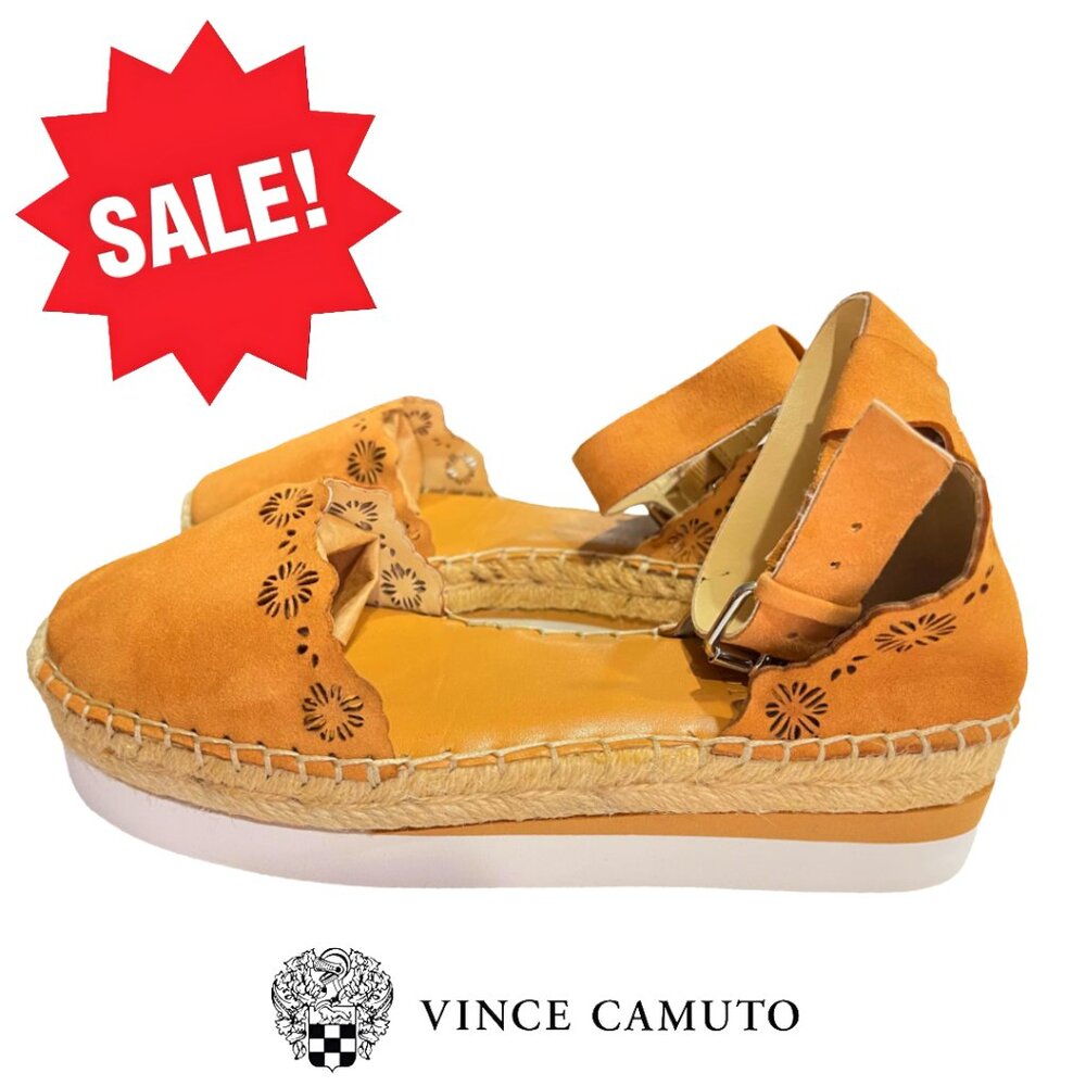 Vince Camuto Women s Tan Leather Ankle Strap Eyelet trim espadrille shoes Sz 5.5